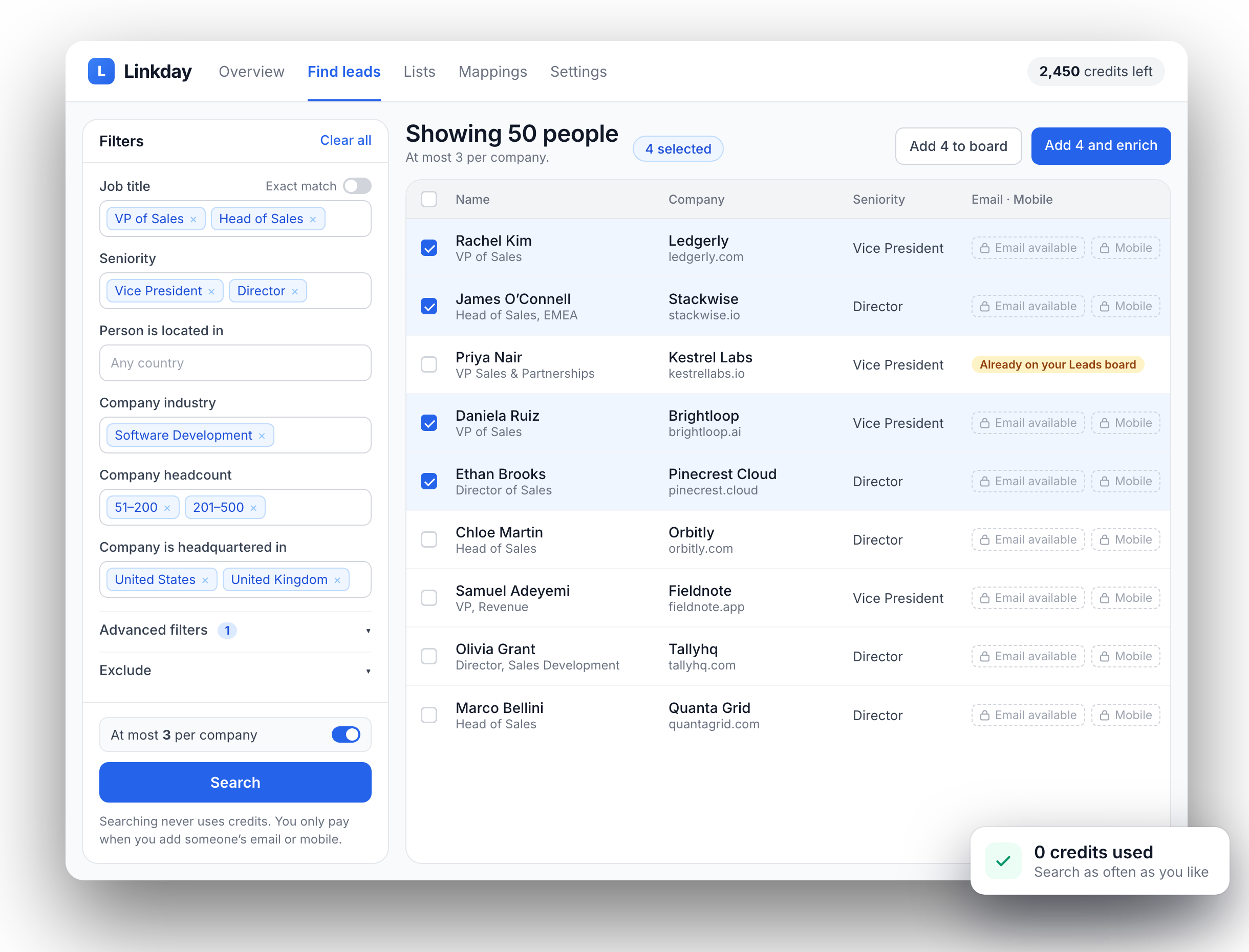Linkday's Find leads screen: filters on the left, a list of matching people on the right, with Add to board and Add and enrich buttons.
